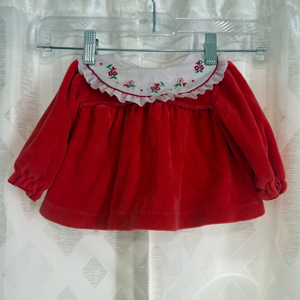 Vintage Baby Togs Red Velour Holiday Dress Floral Embroidered Eyelet Collar 6-9M